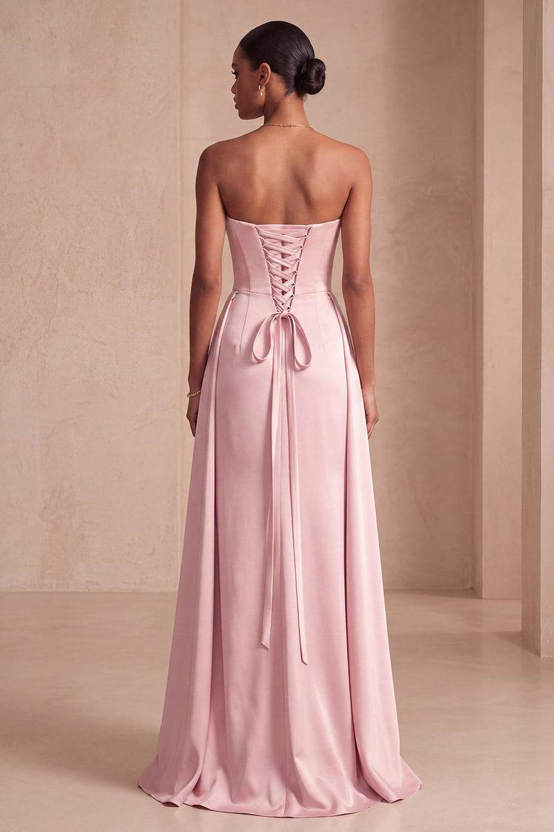 Load image into Gallery viewer, Pink Strapless Sheath Ruched Satin Long Evening Dress with Cape
