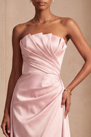 Load image into Gallery viewer, Pink Strapless Sheath Ruched Satin Long Evening Dress with Cape