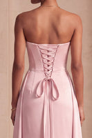 Load image into Gallery viewer, Pink Strapless Sheath Ruched Satin Long Evening Dress with Cape