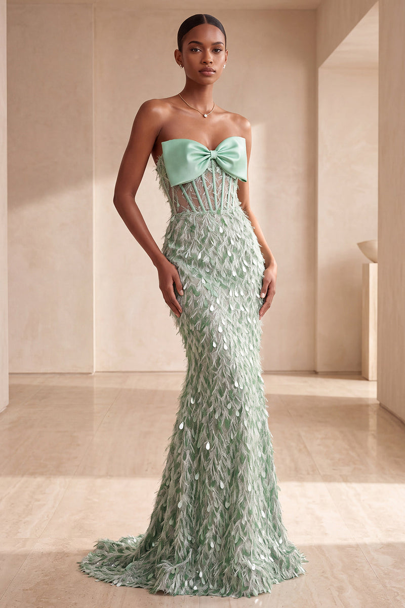 Load image into Gallery viewer, Sparkly Sage Green Mermaid Sequin Corset Feathered Long Evening Dress with Bow