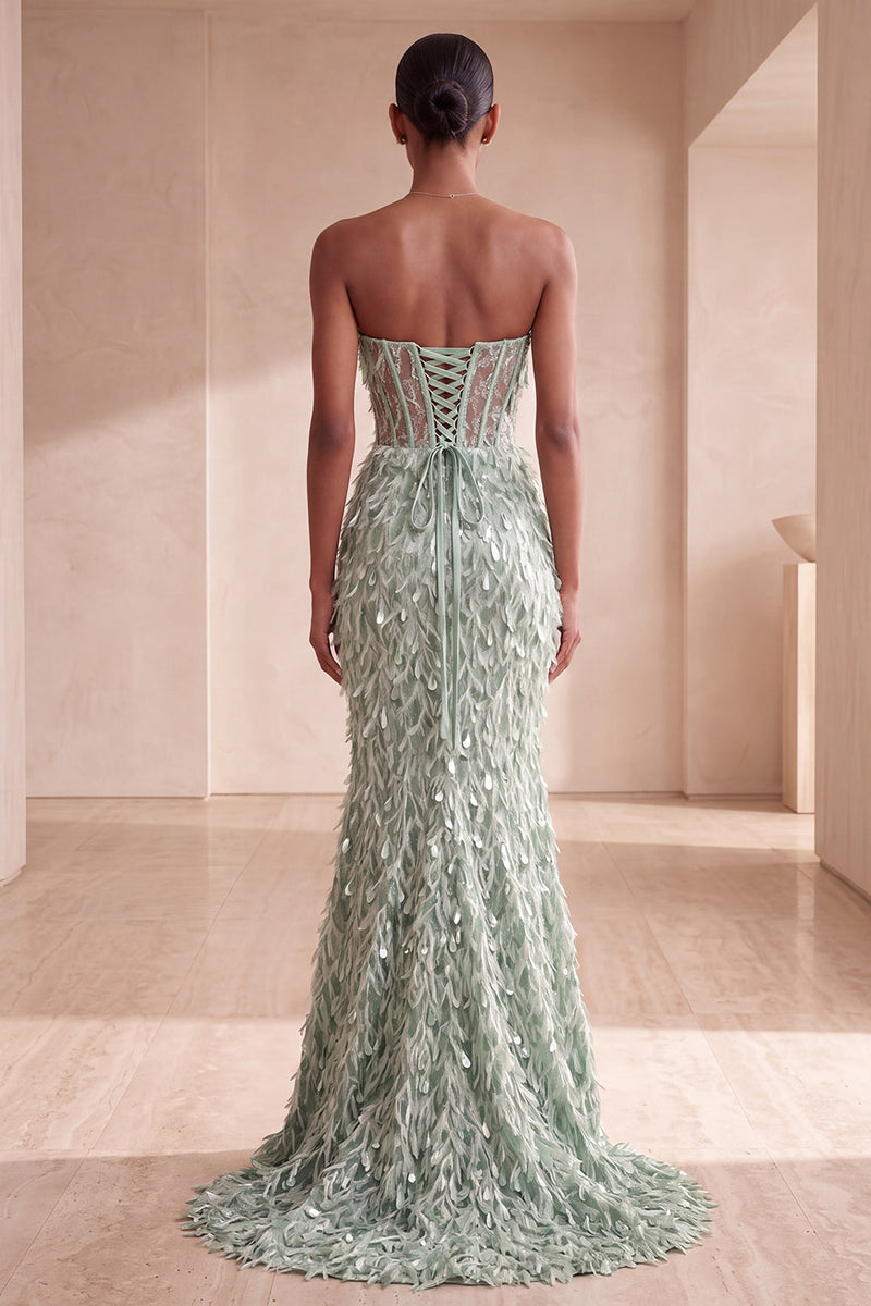 Load image into Gallery viewer, Sparkly Sage Green Mermaid Sequin Corset Feathered Long Evening Dress with Bow