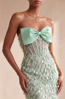 Load image into Gallery viewer, Sparkly Sage Green Mermaid Sequin Corset Feathered Long Evening Dress with Bow