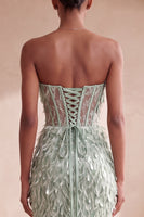 Load image into Gallery viewer, Sparkly Sage Green Mermaid Sequin Corset Feathered Long Evening Dress with Bow