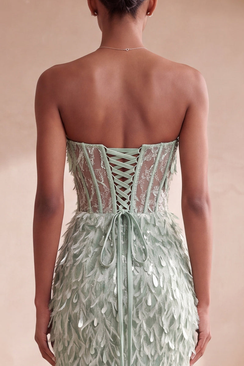 Load image into Gallery viewer, Sparkly Sage Green Mermaid Sequin Corset Feathered Long Evening Dress with Bow