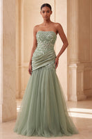Load image into Gallery viewer, Sparkly Sage Green Tulle Sequin Draped Mermaid Long Evening Dress with Feathers