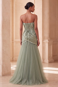 Sparkly Sage Green Tulle Sequin Draped Mermaid Long Evening Dress with Feathers