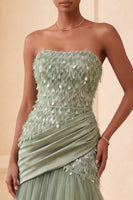 Load image into Gallery viewer, Sparkly Sage Green Tulle Sequin Draped Mermaid Long Evening Dress with Feathers