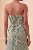 Load image into Gallery viewer, Sparkly Sage Green Tulle Sequin Draped Mermaid Long Evening Dress with Feathers