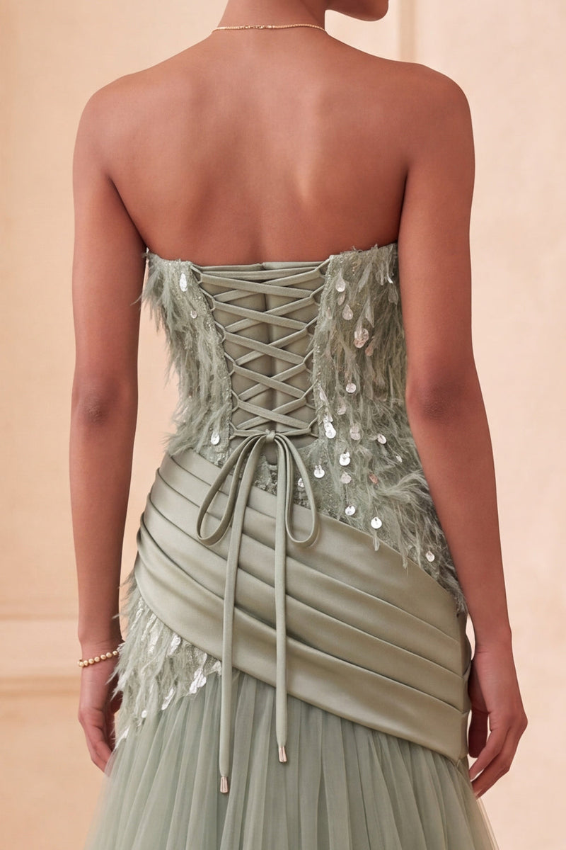 Load image into Gallery viewer, Sparkly Sage Green Tulle Sequin Draped Mermaid Long Evening Dress with Feathers