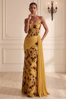 Load image into Gallery viewer, Floral Ginger Yellow Corset Draped Sheath Long Evening Dress with Side Cape