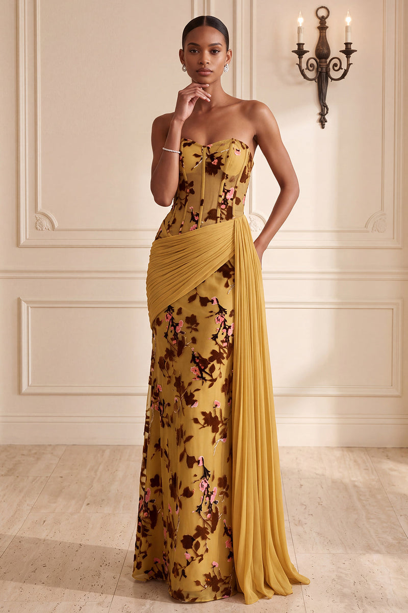 Load image into Gallery viewer, Floral Ginger Yellow Corset Draped Sheath Long Evening Dress with Side Cape