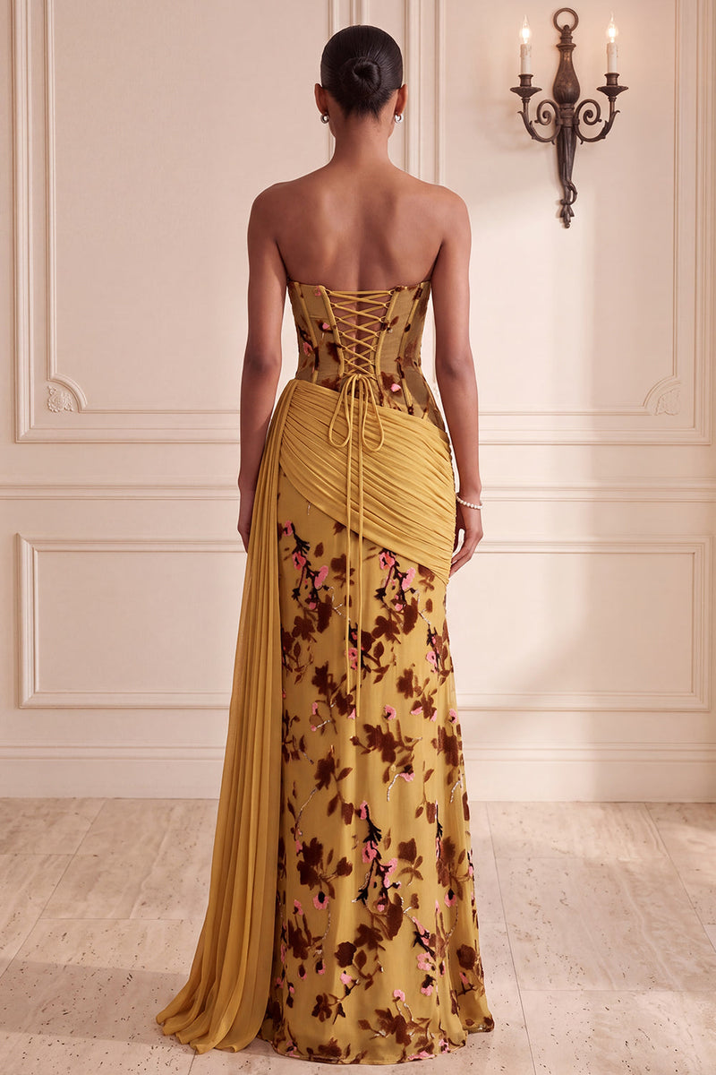 Load image into Gallery viewer, Floral Ginger Yellow Corset Draped Sheath Long Evening Dress with Side Cape