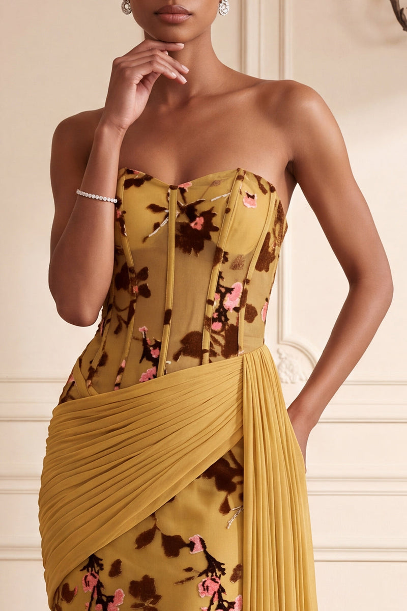 Load image into Gallery viewer, Floral Ginger Yellow Corset Draped Sheath Long Evening Dress with Side Cape