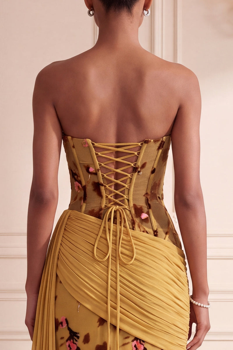 Load image into Gallery viewer, Floral Ginger Yellow Corset Draped Sheath Long Evening Dress with Side Cape