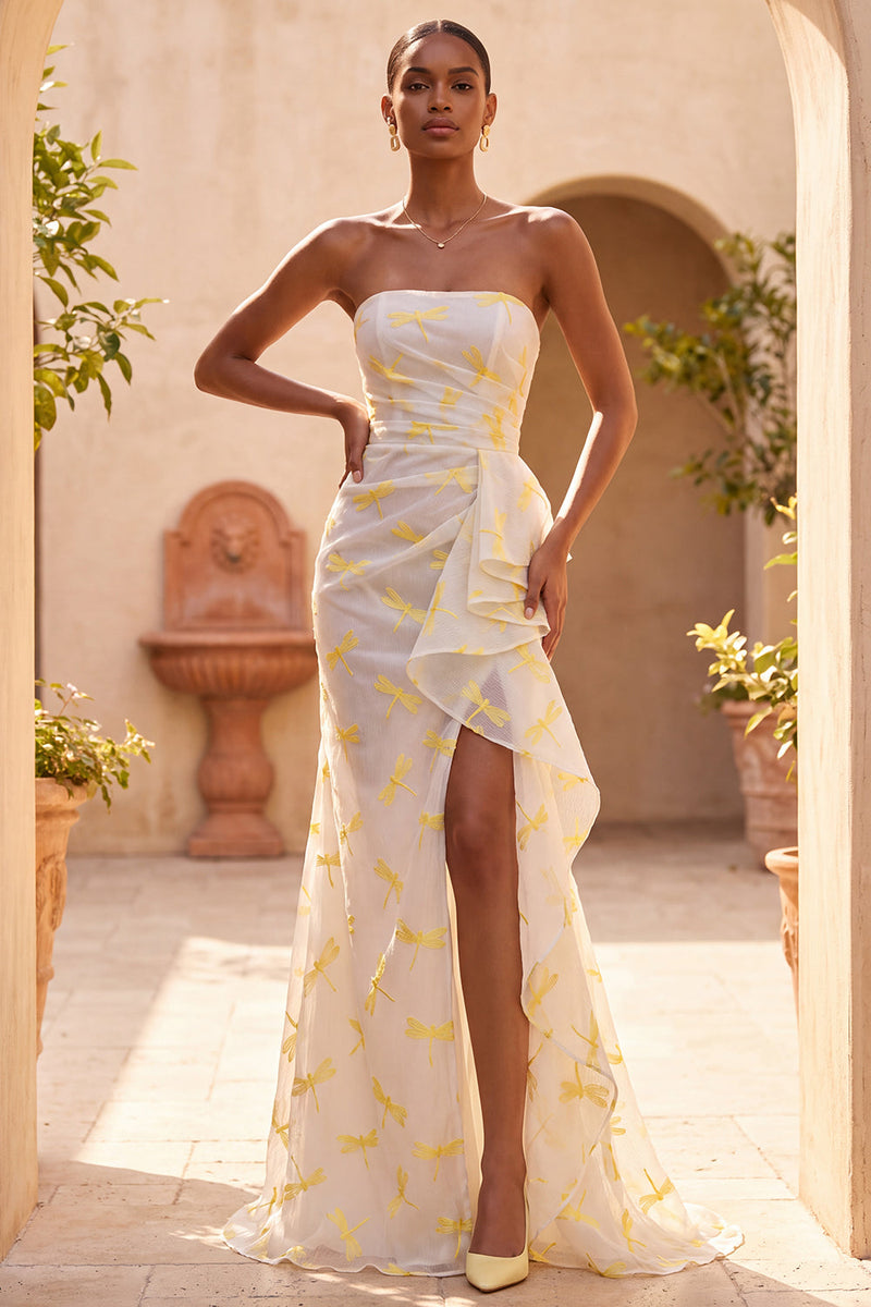 Load image into Gallery viewer, Ivory Dragonfly Ruffled Corset Mermaid Printed Ruched Long Evening Dress with Slit