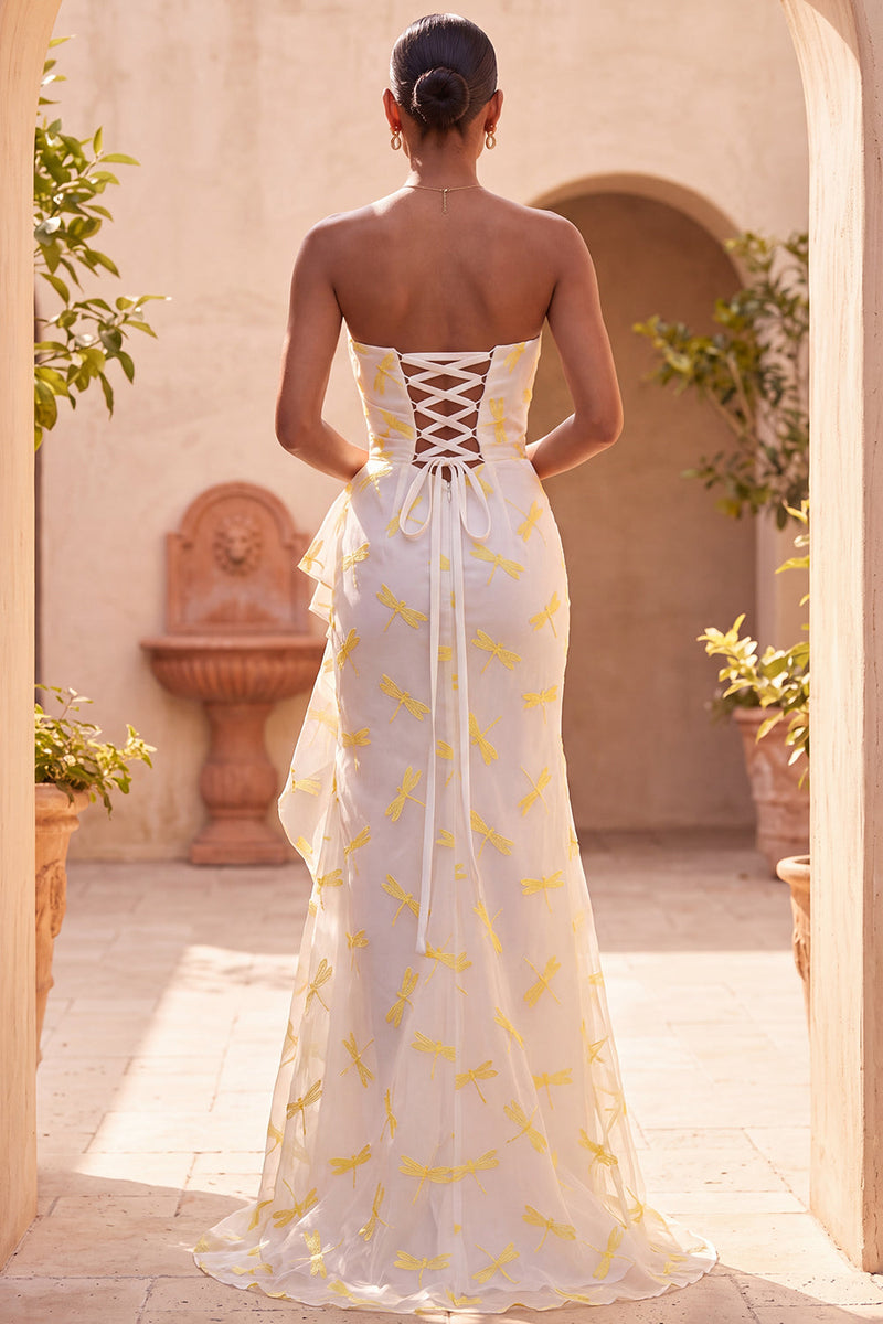 Load image into Gallery viewer, Ivory Dragonfly Ruffled Corset Mermaid Printed Ruched Long Evening Dress with Slit
