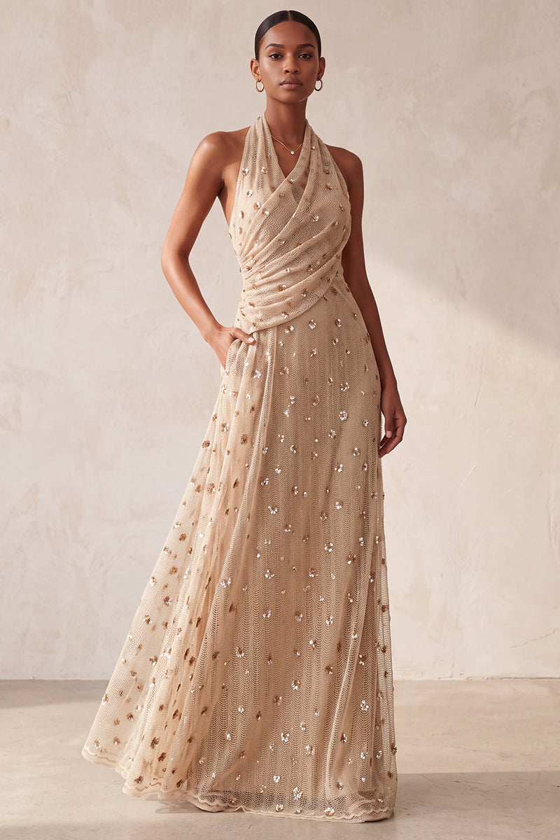 Load image into Gallery viewer, Sparkly Khaki Ruched A-Line Floral Halter Long Evening Dress with Pockets
