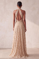 Load image into Gallery viewer, Sparkly Khaki Ruched A-Line Floral Halter Long Evening Dress with Pockets