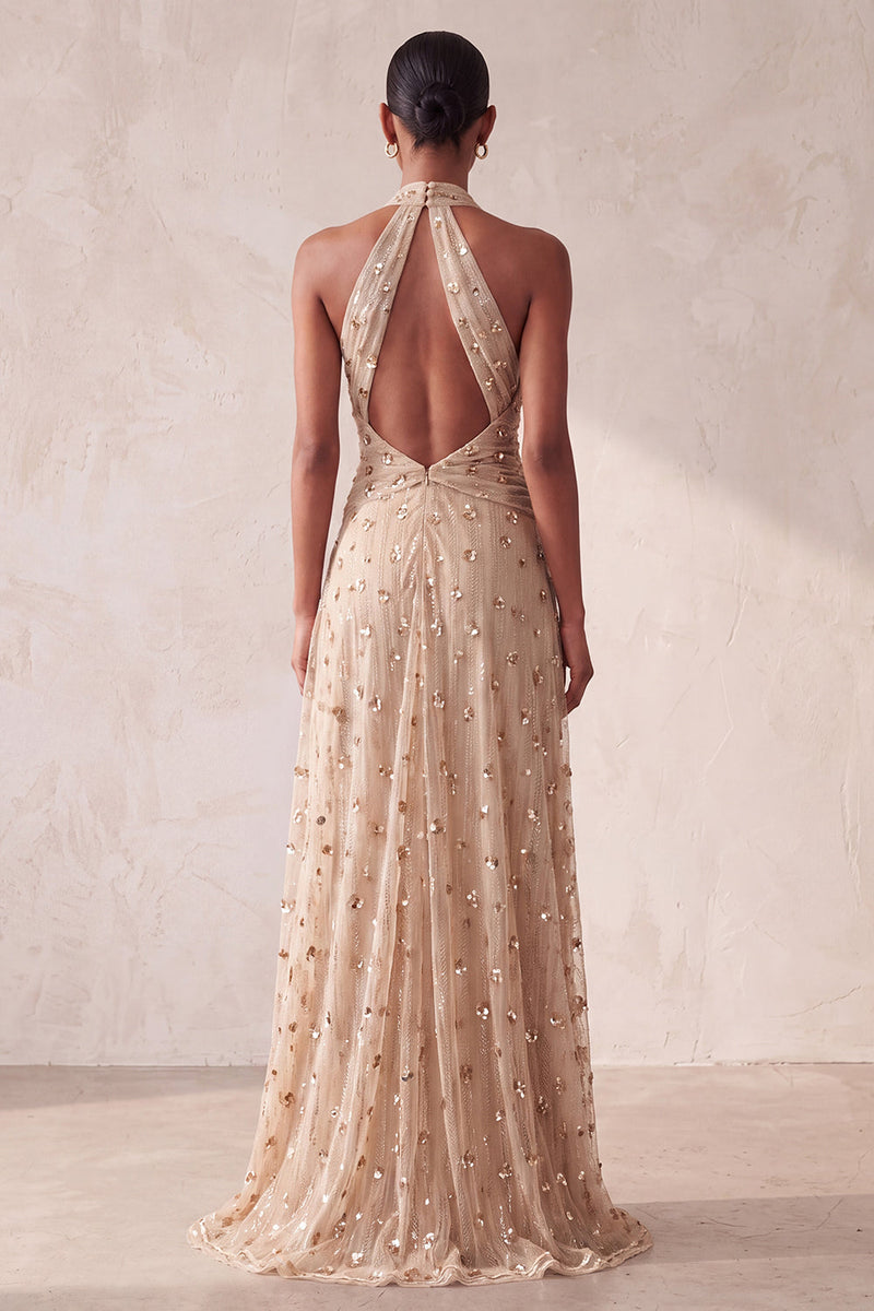 Load image into Gallery viewer, Sparkly Khaki Ruched A-Line Floral Halter Long Evening Dress with Pockets