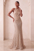 Load image into Gallery viewer, Sparkly Khaki Floral Mermaid Ruched Halter Long Evening Dress
