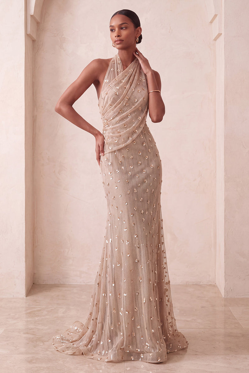 Load image into Gallery viewer, Sparkly Khaki Floral Mermaid Ruched Halter Long Evening Dress