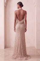 Load image into Gallery viewer, Sparkly Khaki Floral Mermaid Ruched Halter Long Evening Dress