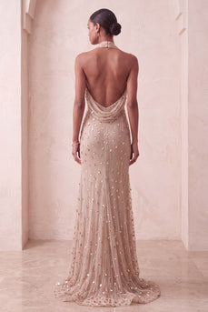 Sparkly Khaki Floral Mermaid Ruched Halter Long Evening Dress