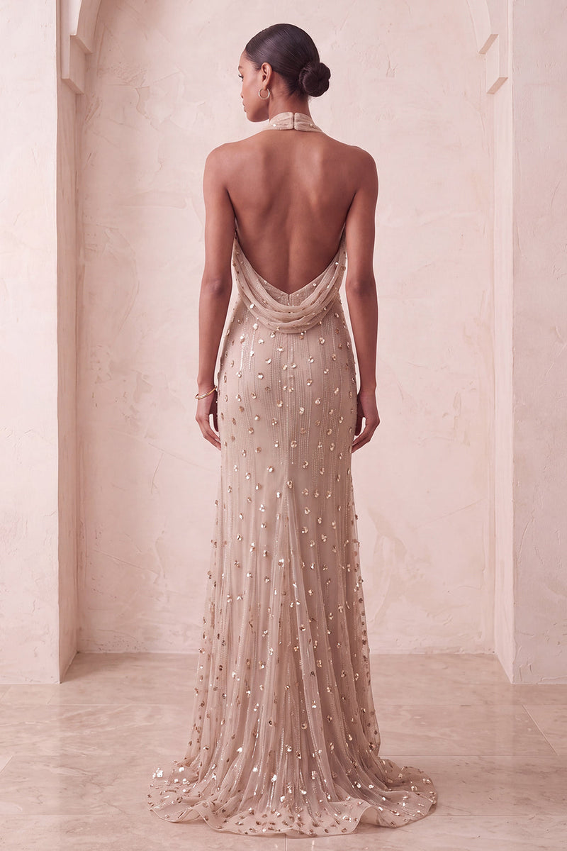 Load image into Gallery viewer, Sparkly Khaki Floral Mermaid Ruched Halter Long Evening Dress
