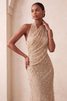 Load image into Gallery viewer, Sparkly Khaki Floral Mermaid Ruched Halter Long Evening Dress