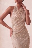 Load image into Gallery viewer, Sparkly Khaki Floral Mermaid Ruched Halter Long Evening Dress