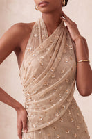 Load image into Gallery viewer, Sparkly Khaki Floral Mermaid Ruched Halter Long Evening Dress
