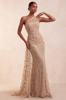 Load image into Gallery viewer, Sparkly Khaki Ruched Floral Mermaid Long Evening Dress with Side Cape