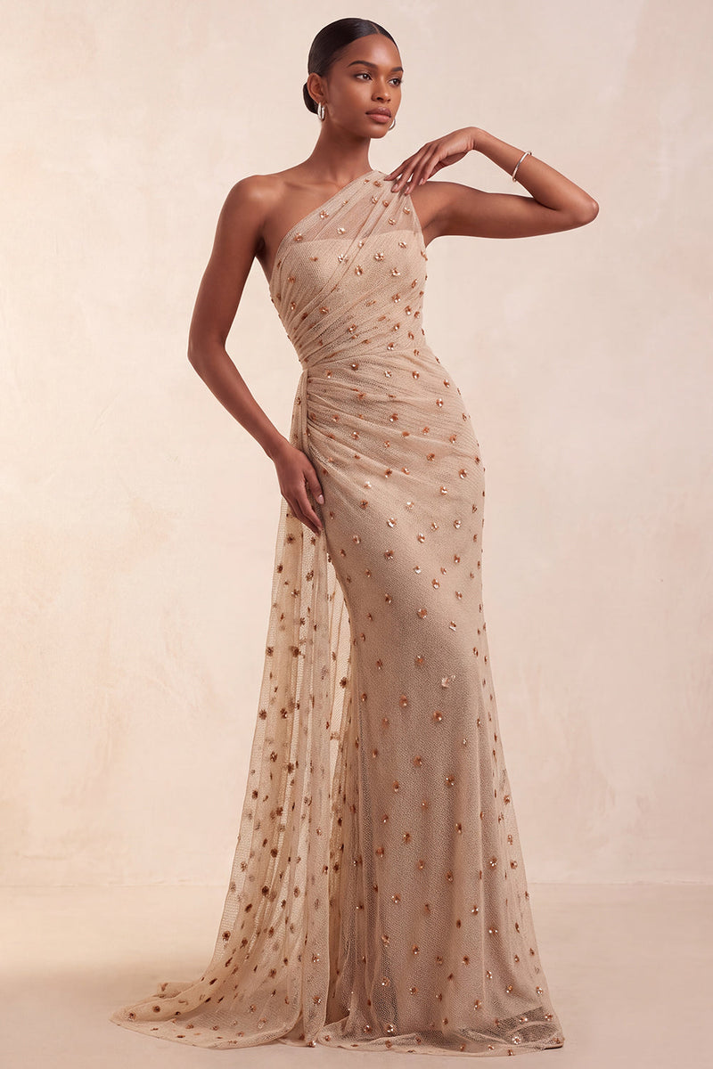 Load image into Gallery viewer, Sparkly Khaki Ruched Floral Mermaid Long Evening Dress with Side Cape