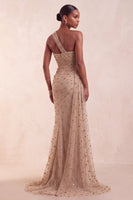 Load image into Gallery viewer, Sparkly Khaki Ruched Floral Mermaid Long Evening Dress with Side Cape