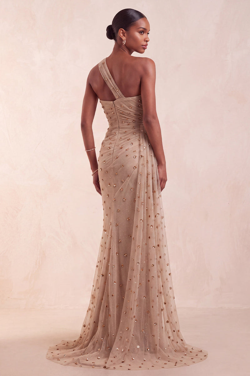 Load image into Gallery viewer, Sparkly Khaki Ruched Floral Mermaid Long Evening Dress with Side Cape