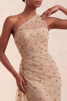 Load image into Gallery viewer, Sparkly Khaki Ruched Floral Mermaid Long Evening Dress with Side Cape