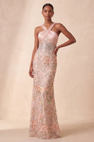 Load image into Gallery viewer, Sparkly Blush Sequin Floral Halter Sheath Long Evening Dress with Rhinestones