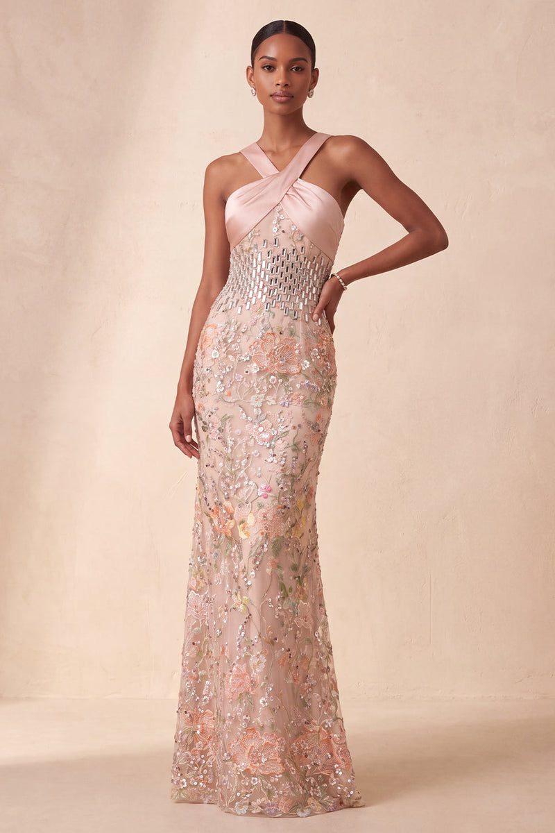 Load image into Gallery viewer, Sparkly Blush Sequin Floral Halter Sheath Long Evening Dress with Rhinestones