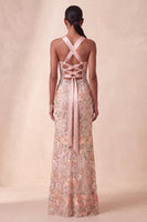 Load image into Gallery viewer, Sparkly Blush Sequin Floral Halter Sheath Long Evening Dress with Rhinestones