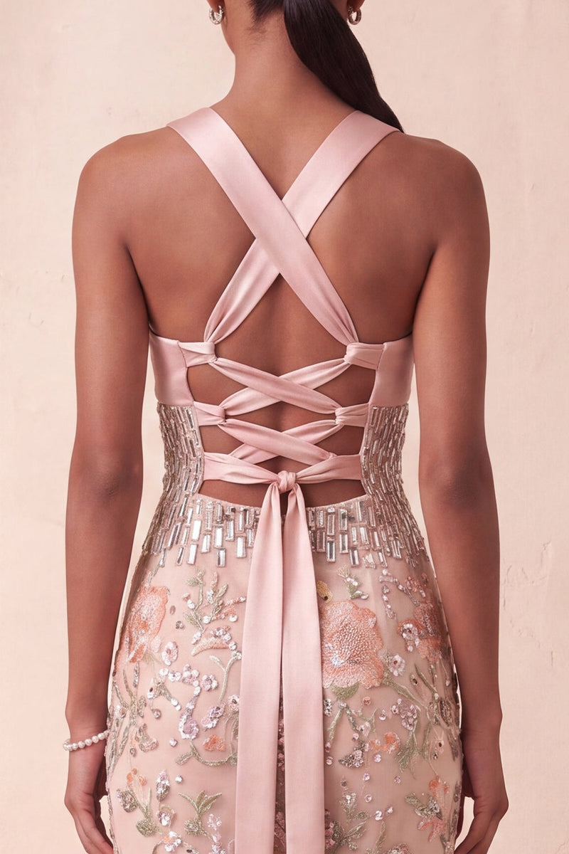 Load image into Gallery viewer, Sparkly Blush Sequin Floral Halter Sheath Long Evening Dress with Rhinestones