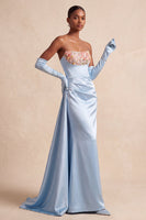 Load image into Gallery viewer, Sky Blue Strapless Floral Satin Mermaid Long Evening Dress with Side Cape