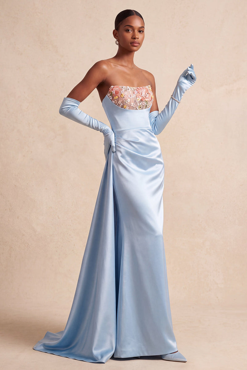 Load image into Gallery viewer, Sky Blue Strapless Floral Satin Mermaid Long Evening Dress with Side Cape