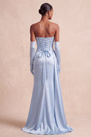 Load image into Gallery viewer, Sky Blue Strapless Floral Satin Mermaid Long Evening Dress with Side Cape