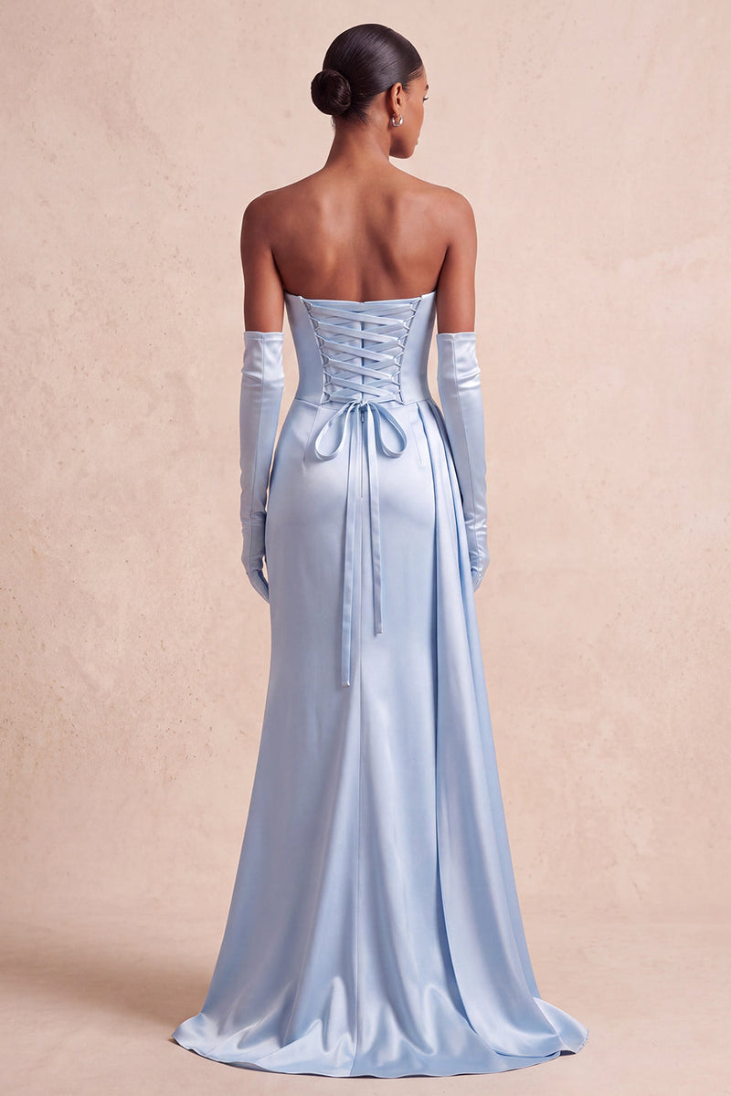 Load image into Gallery viewer, Sky Blue Strapless Floral Satin Mermaid Long Evening Dress with Side Cape