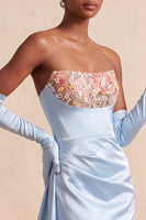Load image into Gallery viewer, Sky Blue Strapless Floral Satin Mermaid Long Evening Dress with Side Cape