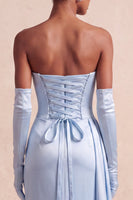 Load image into Gallery viewer, Sky Blue Strapless Floral Satin Mermaid Long Evening Dress with Side Cape