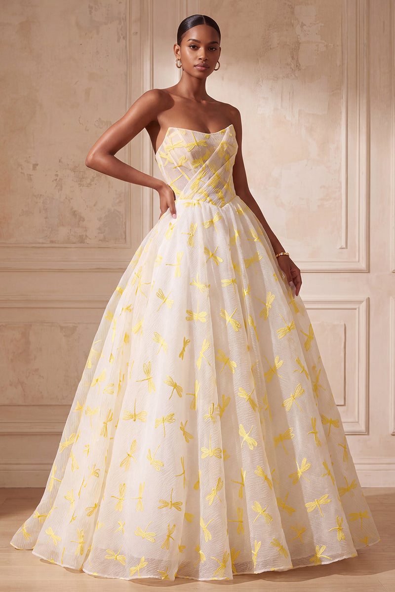Load image into Gallery viewer, Ivory Dragonfly Strapless Printed Ruched Ball Gown Long Evening Dress