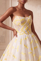 Load image into Gallery viewer, Ivory Dragonfly Strapless Printed Ruched Ball Gown Long Evening Dress