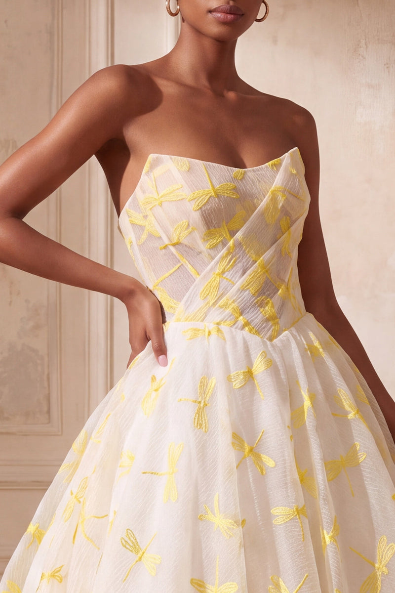 Load image into Gallery viewer, Ivory Dragonfly Strapless Printed Ruched Ball Gown Long Evening Dress
