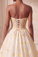 Load image into Gallery viewer, Ivory Dragonfly Strapless Printed Ruched Ball Gown Long Evening Dress